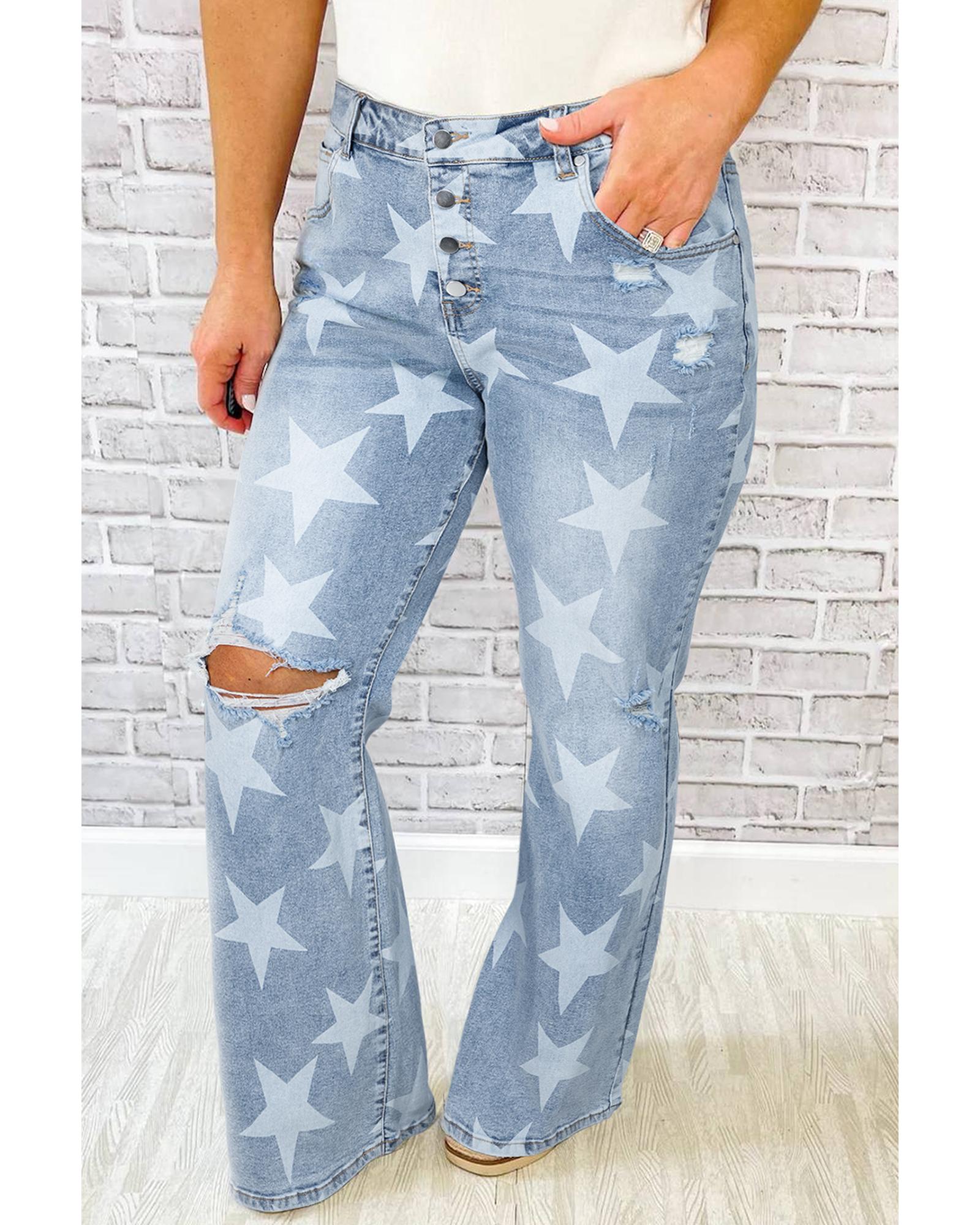 V539-AZEXPL787247-P420-2X-202508301920-00 Sky Blue Star Printed Multi Buttons Slit Knee Destroyed Plus Size Jeans - 2X - Image 1