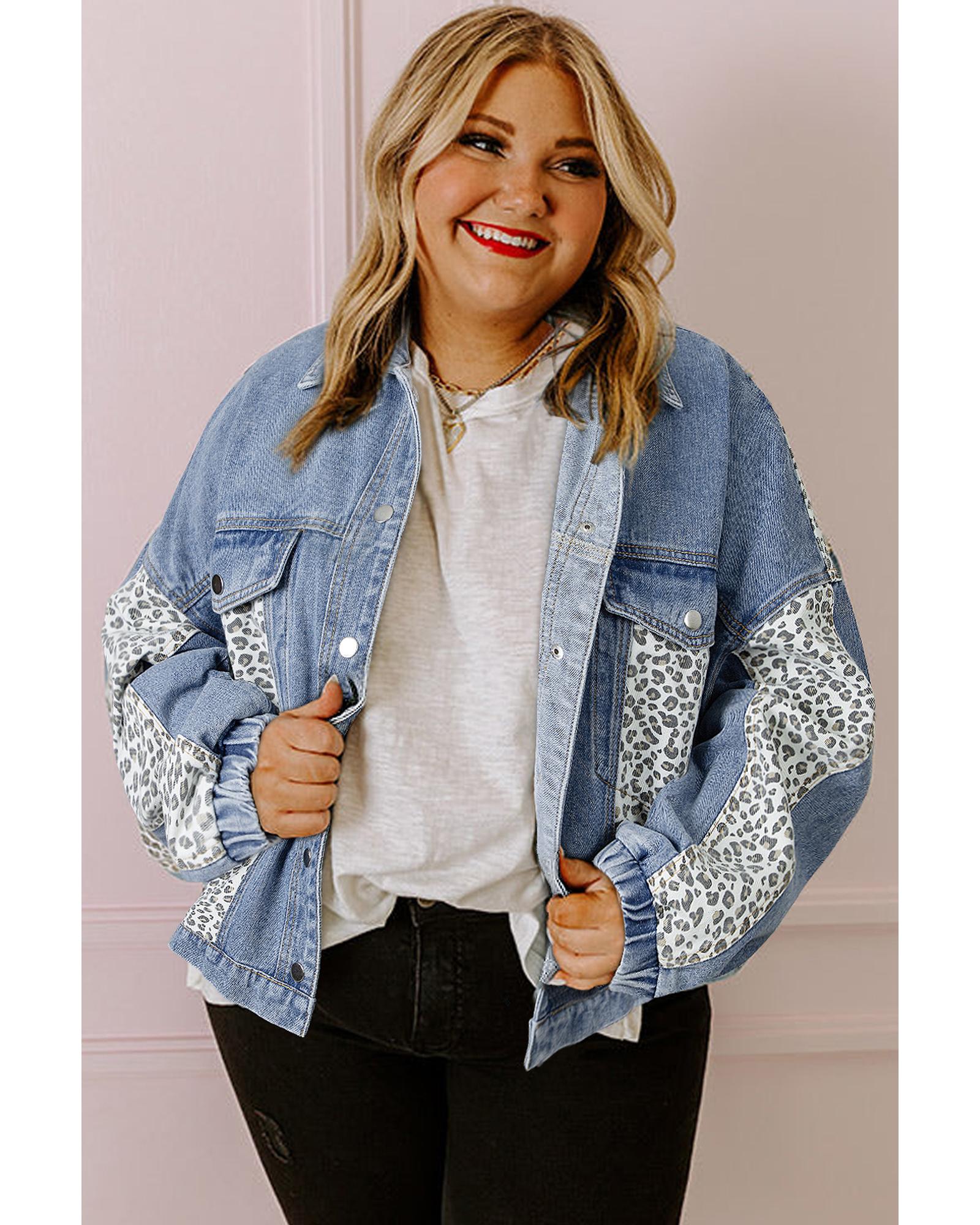 V539-AZEXPL788052-P804-4X-202508301225-00 Beau Blue Leopard Patchwork Flap Detail Plus Size Denim Jacket - 4X - Image 1