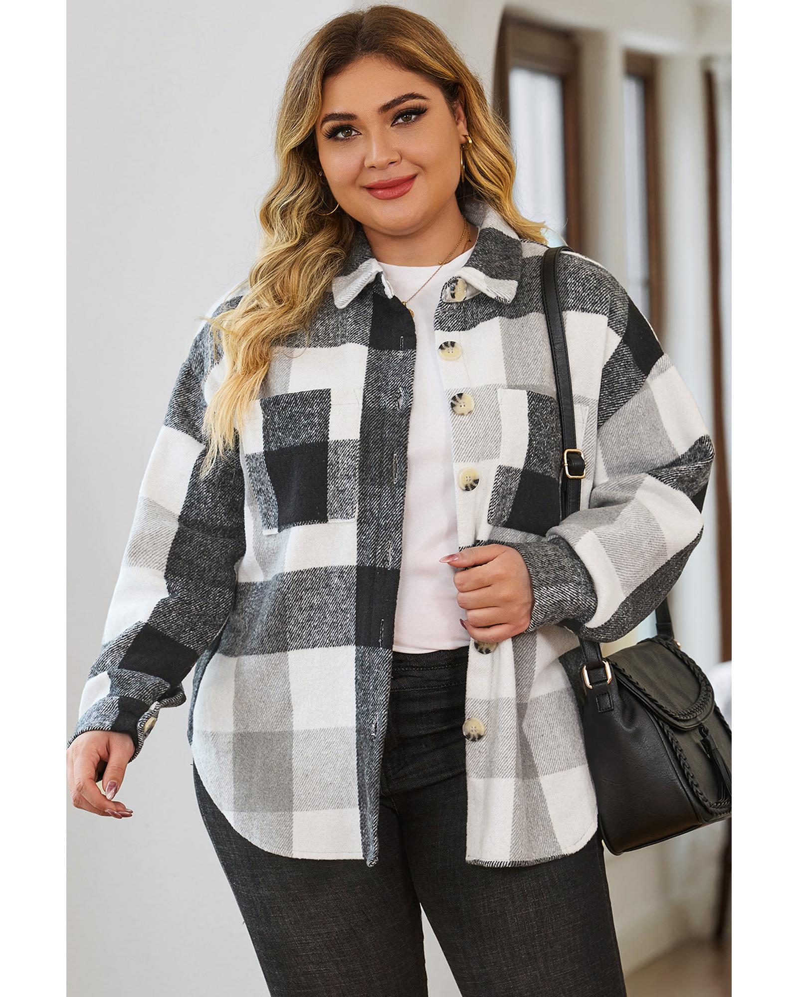 V539-AZEXPL851039-11-2X-202508301335-00 Gray Plus Size Checkered Button-Up Shacket - 2X - Image 1