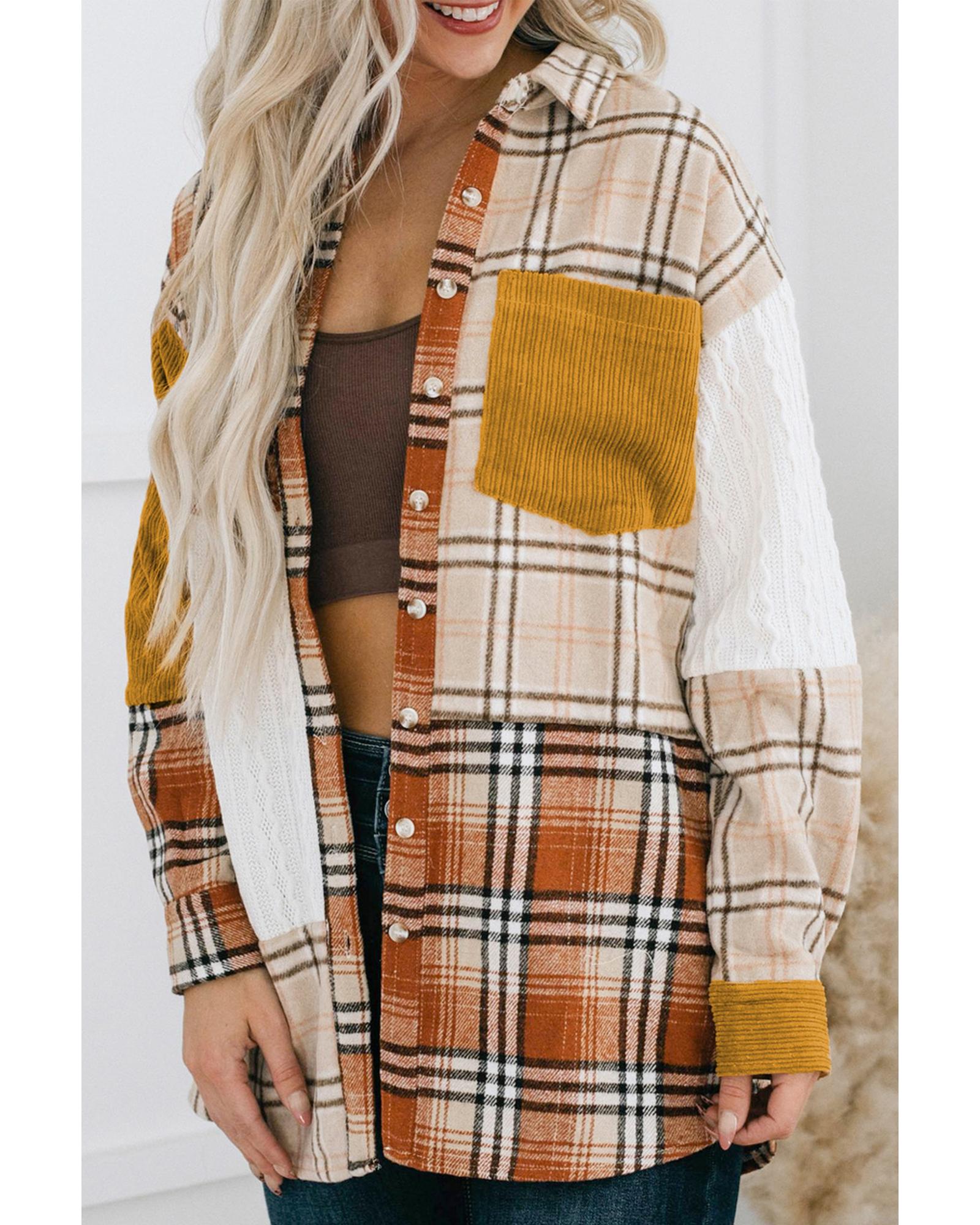 V539-AZEXPL851132-P4014-1X-202506191912-00 Gold Brick Plus Size Plaid Patchwork Button up Shacket - 1X - Image 1