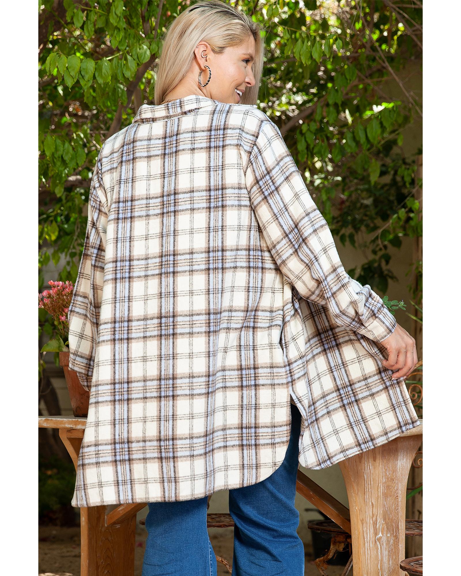 V539-AZEXPL851191-P119-2X-202508300750-00 White Plaid Print Tunic Plus Size Shacket with Slits - 2X - Image 1