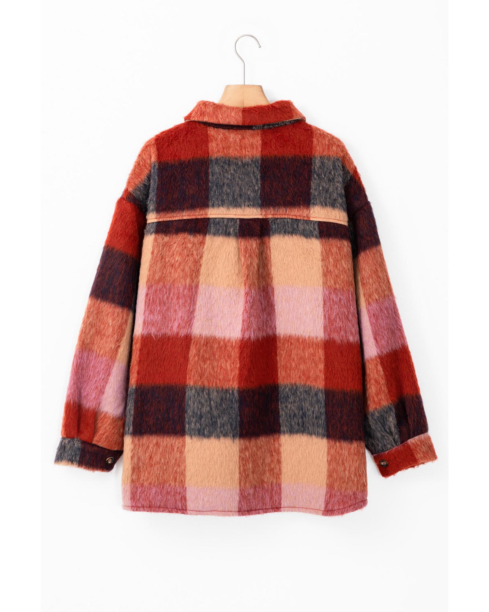 V539-AZEXPL851246-P1420-1X-202506152208-00 Orange Plaid Print Flap Pockets Buttoned Casual Plus Size Jacket - 1X - Image 1