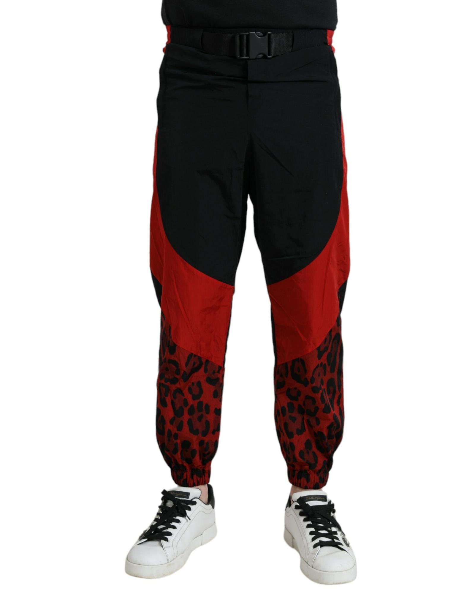 V539-PAN75019-50-202506180427-00 Dolce & Gabbana Men's Black Red Leopard Print Nylon Jogger Pants - 50 IT - Image 1