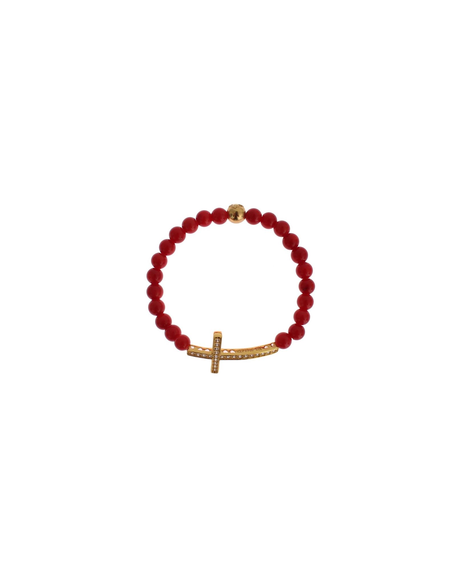 V539-SIG19013-2-202509010130-00 Authentic NIALAYA Gold Plated Silver Bracelet with Red Coral Beads and CZ Diamond Cross M Women - Image 1