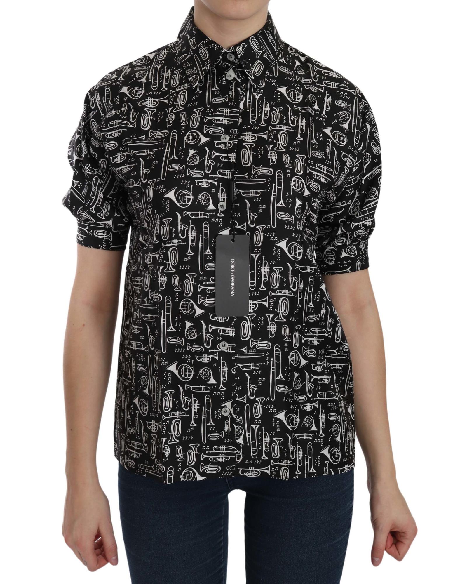 V539-TSH3115-38-202509010735-00 Dolce & Gabbana Musical Instrument Print Silk Top 38 IT Women - Image 1