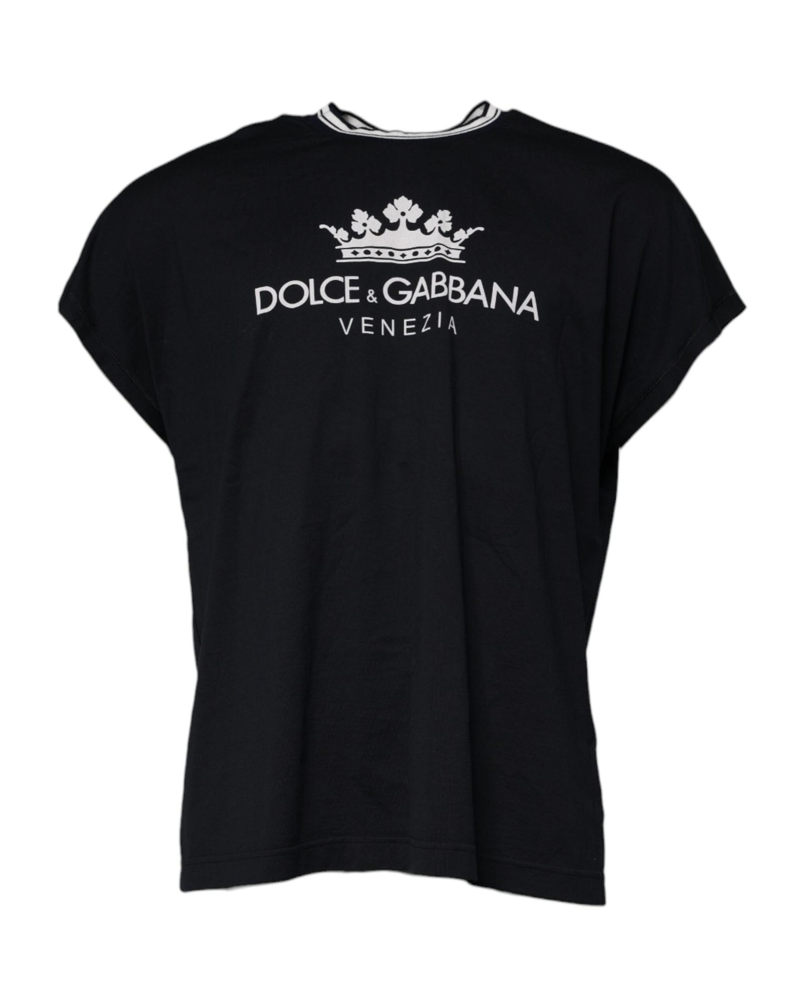 V539-TSH90053-50-202506181202-00 Dolce & Gabbana Men's Dark Blue Logo Crown Cotton Crew Neck T-shirt - 50 IT - Image 1
