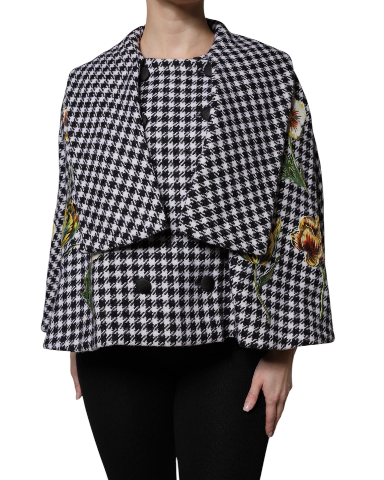 V539-TSH90084-38-202506181211-00 Dolce & Gabbana Women's Black White Monochrome Patterned Floral Cape Jacket - 38 IT - Image 1