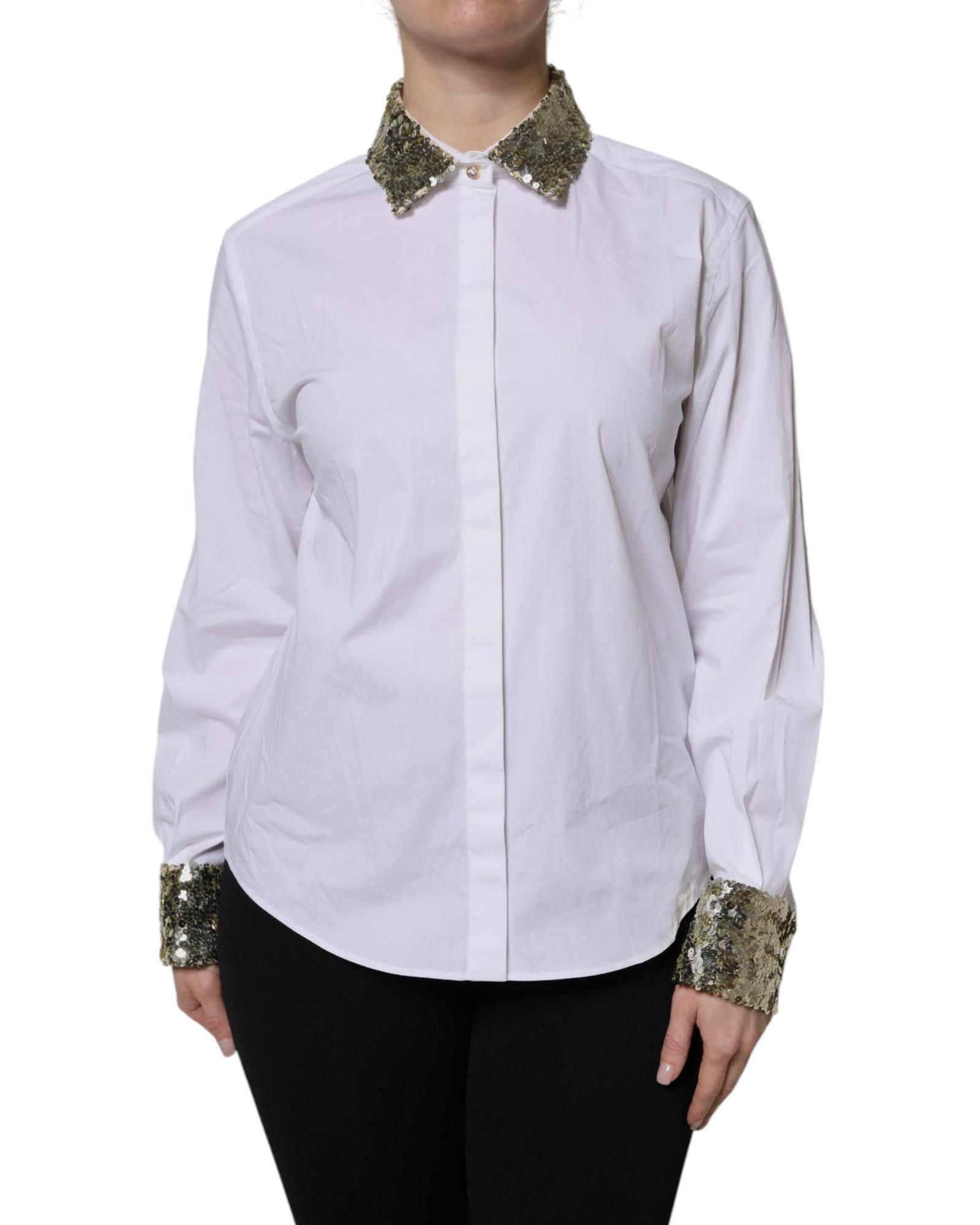 V539-TSH90088-40-202506181220-00 Dolce & Gabbana Women's White Cotton Long Sleeves Sequin Shirt Top - 40 IT - Image 1