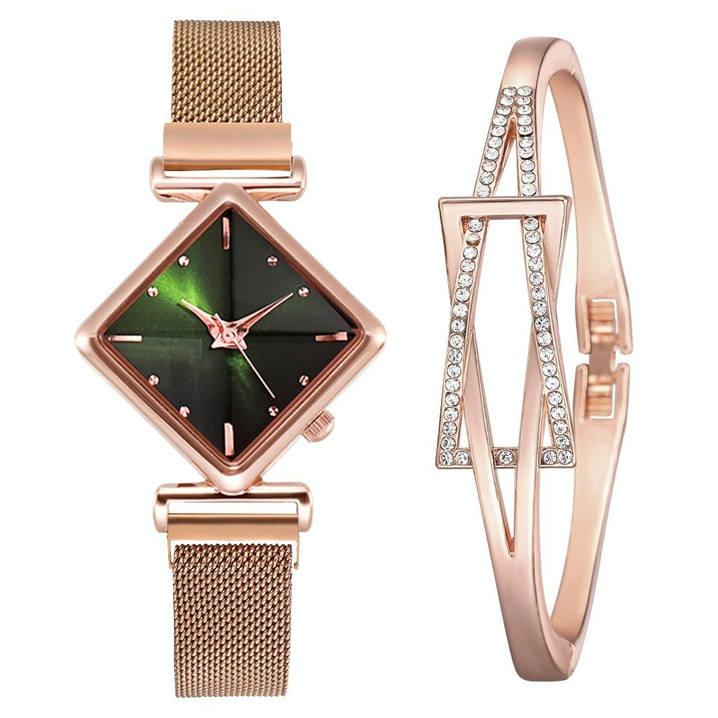 V562-0158808550DBT-202504181122-00 Rose Gold Diamond Dial Watch with Green Bracelet - Women - Image 1