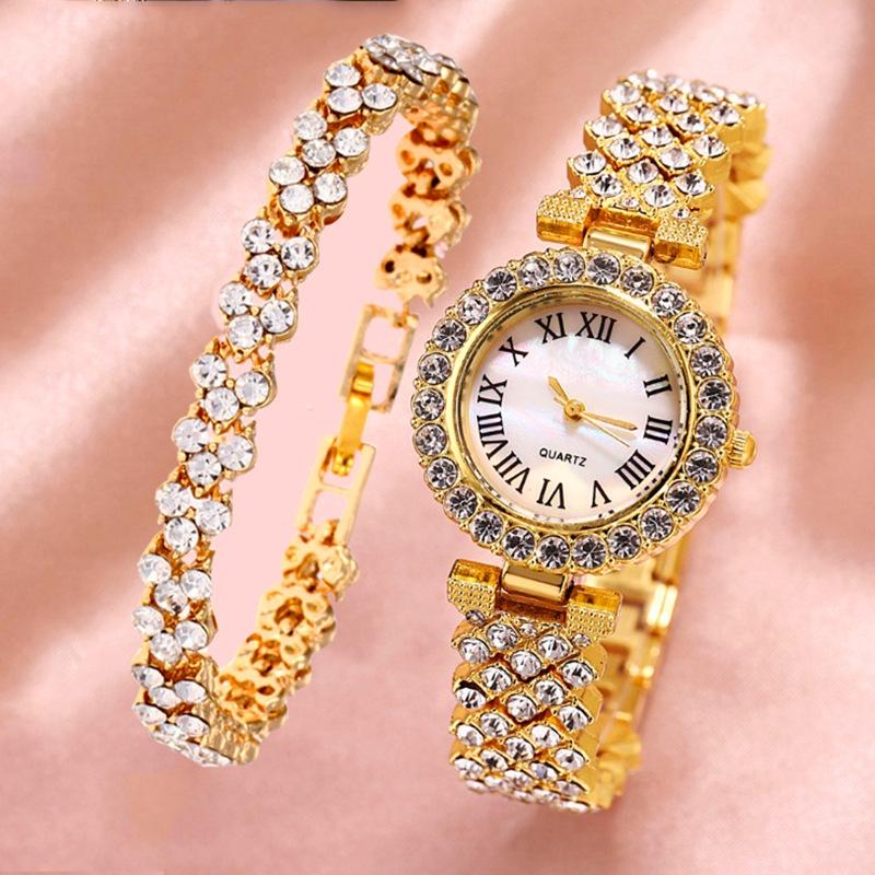 V562-4033823060DBT-202503062120-00 Gold Roman Diamond Watch & Bracelet Set for Women - Image 1