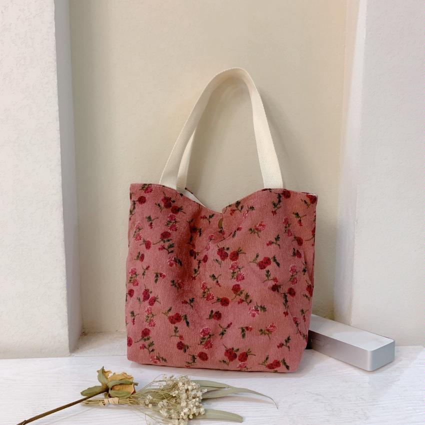 V562-4077404060DBT-202504251540-00 Large Capacity Corduroy Tote Bag with Floral Design - Red Rose - Image 1