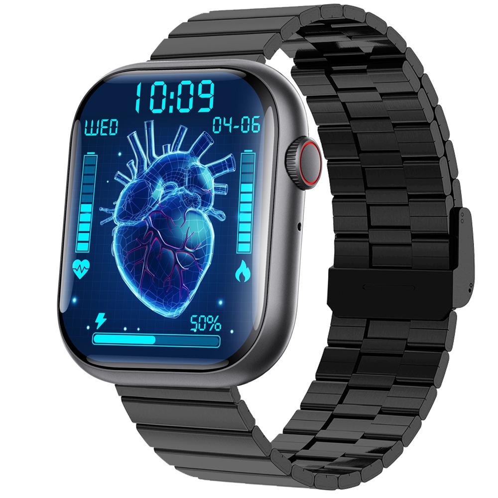 V562-8063305060DBT-202504252010-00 2.1 Inch Screen Smart Watch With Blood Sugar / Blood Oxygen Monitoring / Sos Alarm / 100+ Sports Modes - Black 3-Bead Steel - Black Bamboo - Image 1