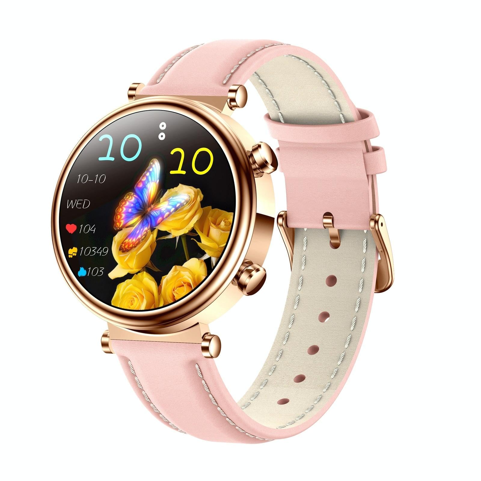 V562-A100032600ADE-202504171159-00 Women Smart Watch With Bt Call Health Tracking And Sos - Compact And Stylish - Rose Gold Pink Leather - Image 1