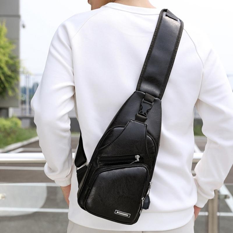 V562-A100725150DBT-202504251741-00 Waterproof Pu Leather Men Chest Bag Usb Port Headphone Hole - Black - Image 1