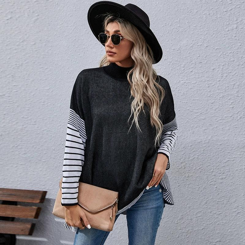 V562-A100947300ADE-202505261922-00 Women Long Sleeve Mock Neck Striped Knit Sweater Casual Tops Black - S - Image 1
