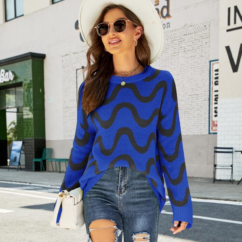 V562-A1018123060DBT-202505261926-00 Women Casual Pullover Sweater Round Neck Wave Pattern Collision Colour Knitted Sweater - Size S Black - Black - Image 1