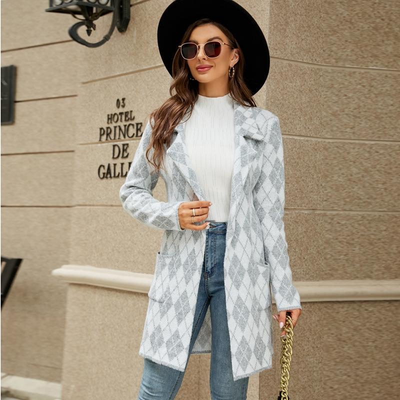 V562-A1025913060DBT-202505262022-00 Autumn And Winter Long Sweater Collision Colour Knitted Cardigan Trench Coat - Light Grey - S - Image 1