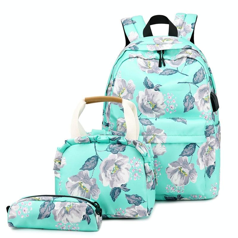 V562-A1026805850DBT-202505271245-00 Small Fresh Printed Backpack Set - 3 Pieces for Students - Green - Image 1