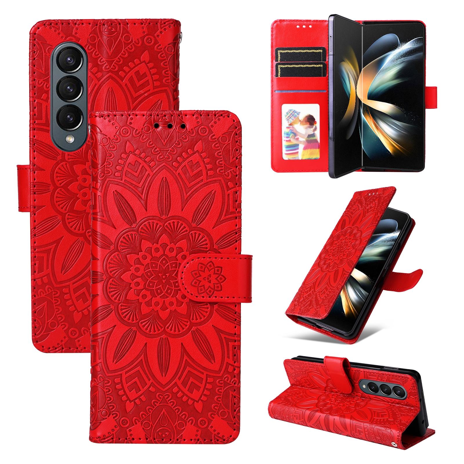 V562-A205363400ADE-202503211410-00 For Samsung Galaxy Z Fold4 5G Sunflower Embossed Leather Phone Case - Red - Image 1