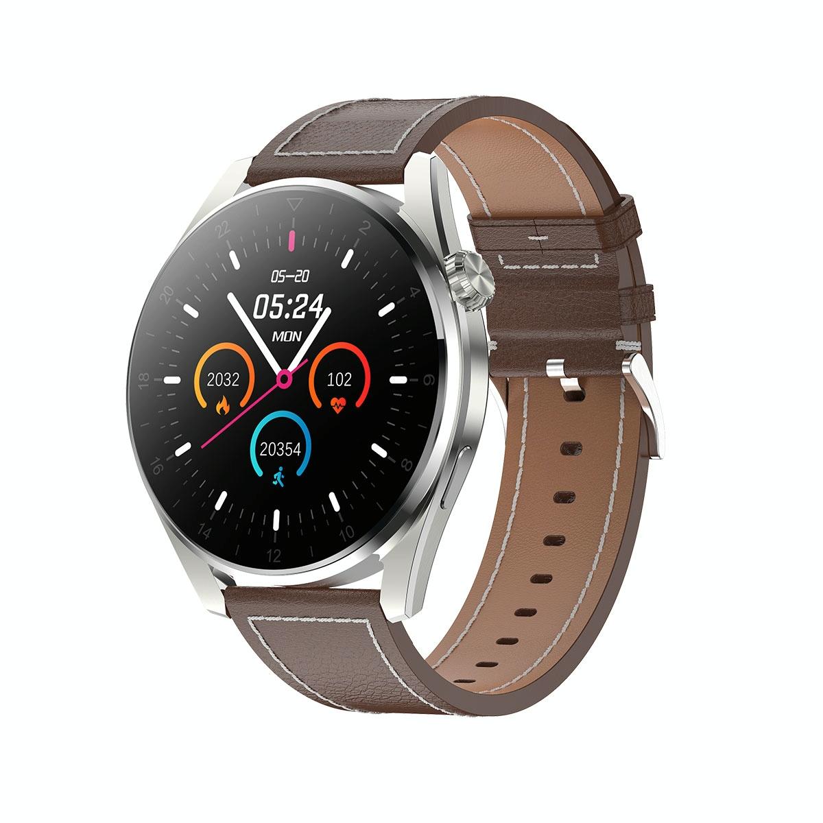 V562-B100337100AYS-202504252135-00 Waterproof Leather Smartwatch With Colour Display - Brown - Image 1