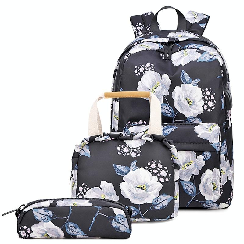 V562-B1026805850DBT-202505271245-00 Small Fresh Printed Backpack Set - 3 Pieces for Students - Black - Image 1