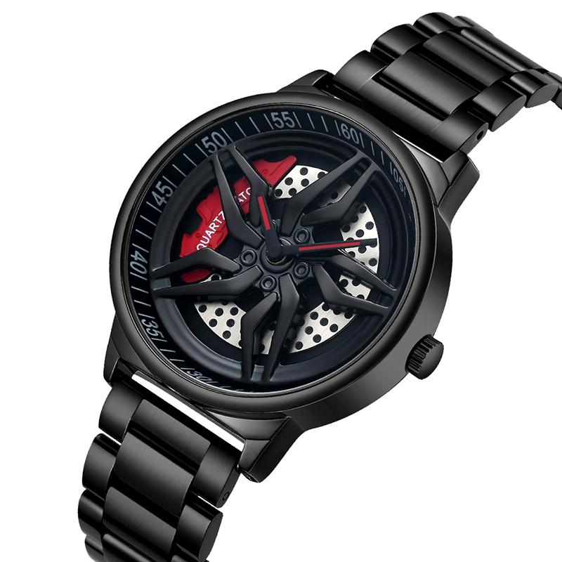 V562-B103232200ADE-202502241255-00 Men 360 Degree Hollow Spinning Dial Quartz Watch with Steel Strap - Black - Image 1