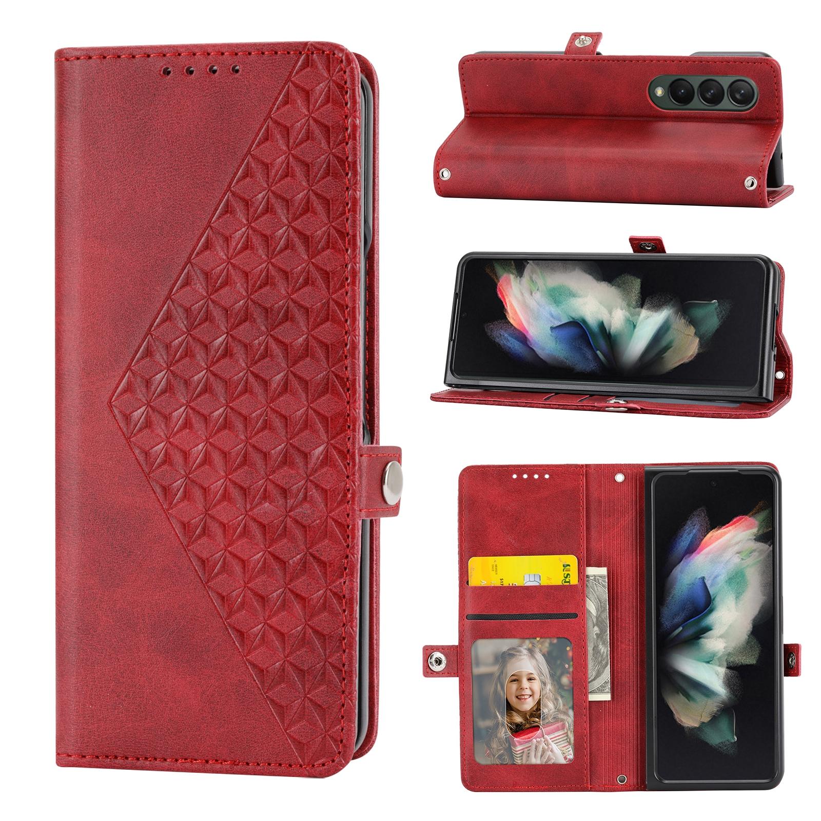 V562-B103857300ADE-202505221922-00 For Samsung Galaxy Z Fold4 5G Textured Leather Phone Case - Cubic Grid Design - Red - Image 1