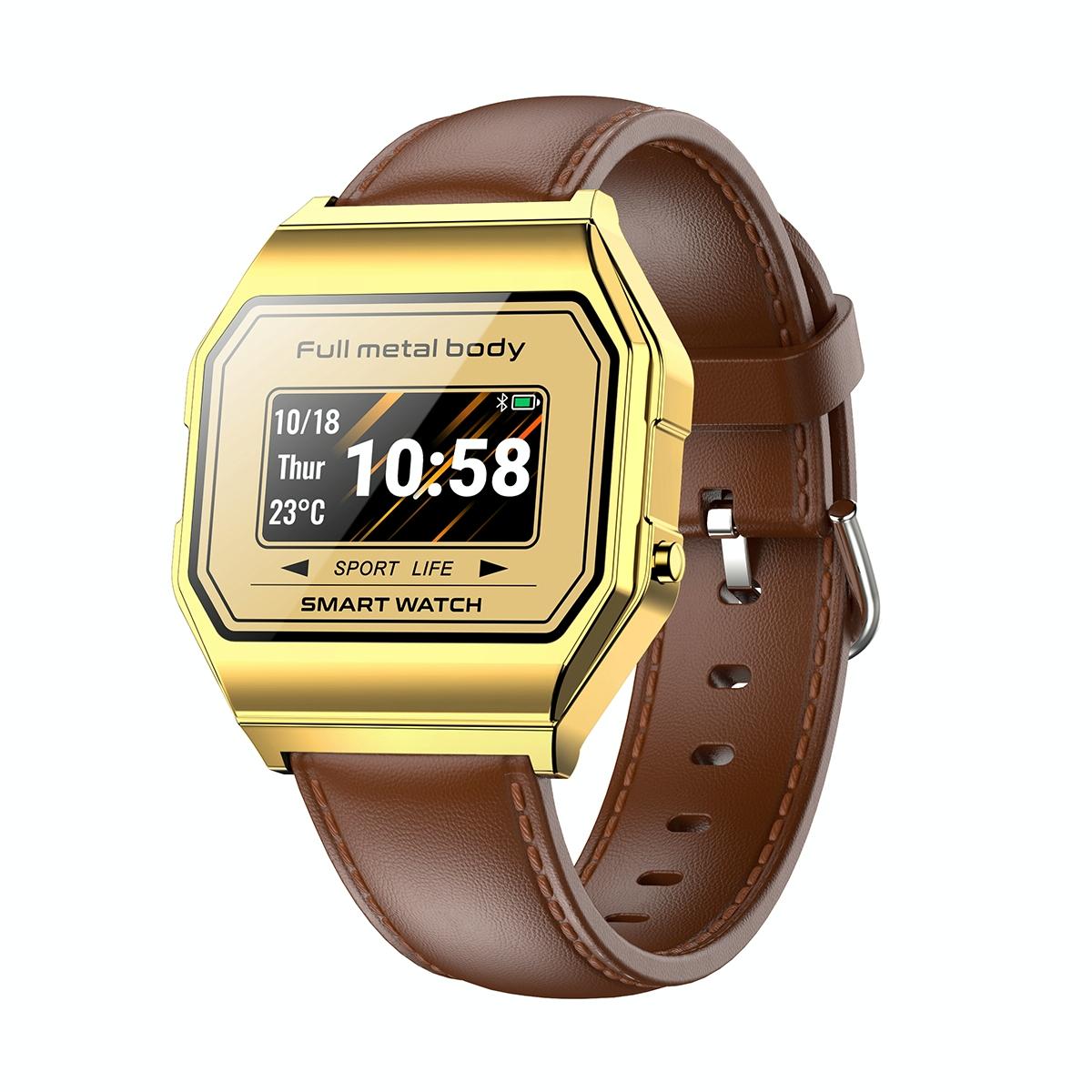 V562-B104237100AYS-202504181125-00 Leather Band Smartwatch With Waterproof Colour Screen - Gold - Image 1