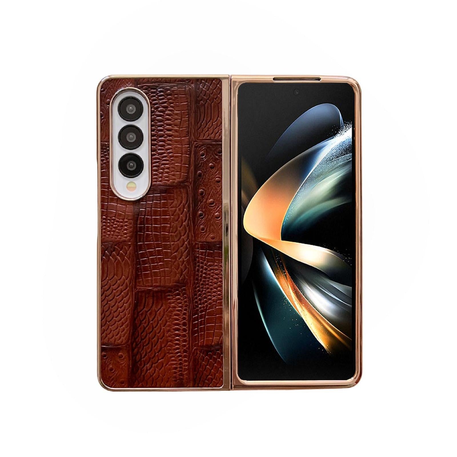 V562-B115818300ADE-202505221852-00 For Samsung Galaxy Z Fold4 5G Leather Mahjong Phone Case - Electroplated - Brown - Image 1