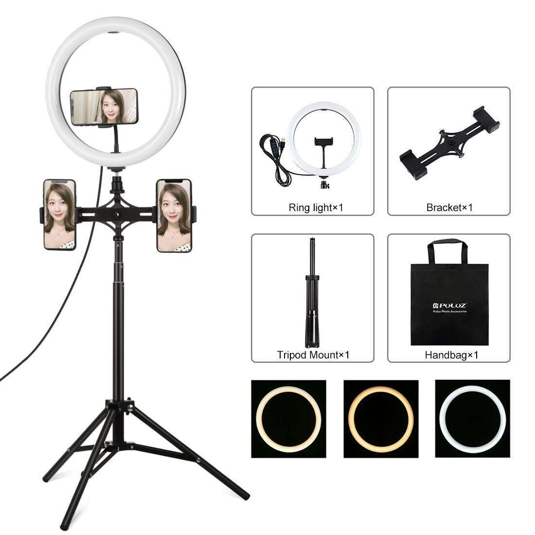 V562-B2603TKP-202502212100-00 11.8 Led Ring Light Kit with Tripod & Dual Phone Bracket - 3 Modes Dual Colour Temperature Usb Live Broadcast - Black - Image 1