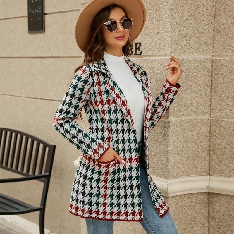 V562-B3025913060DBT-202505262025-00 Autumn And Winter Long Sweater Collision Colour Knitted Cardigan Trench Coat - Houndstooth - L - Image 1