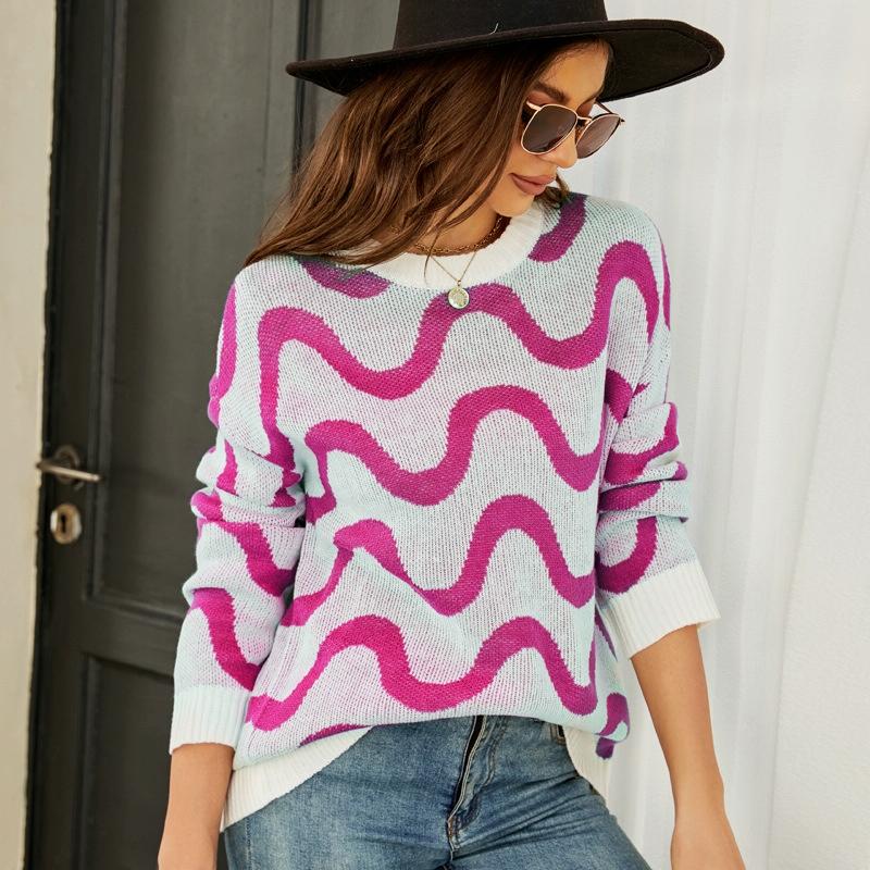V562-B4018123060DBT-202505261925-00 Women Casual Pullover Sweater Round Neck Wave Pattern Collision Colour Knitted Sweater - Size Xl Black - Pink - Image 1