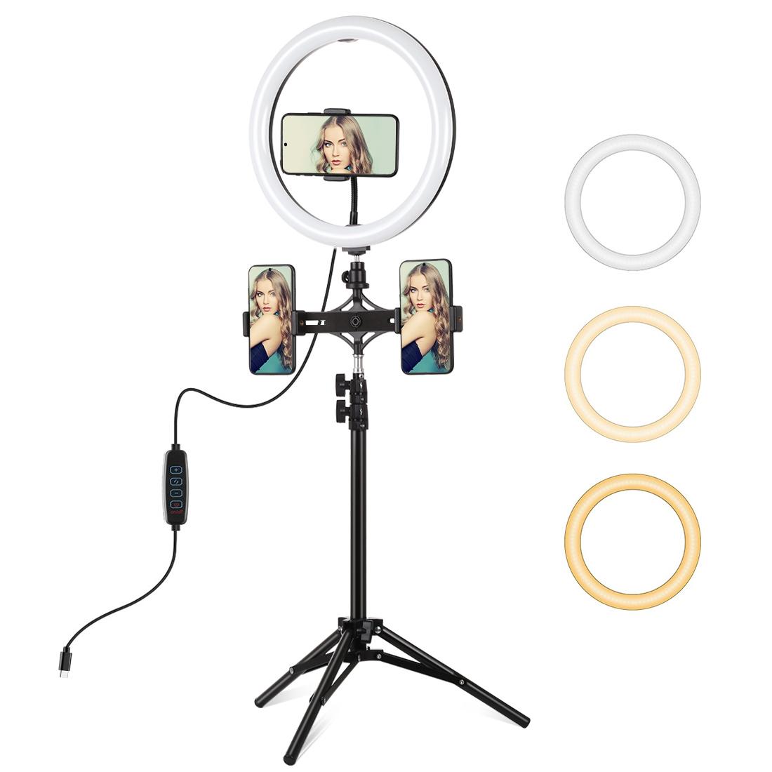 V562-B9903TKP-202504301325-00 11.8 Led Ring Light Kit with Tripod & Dual Phone Brackets - 3 Modes Dual Colour Temperature Curved Surface Type-c - Black - Image 1