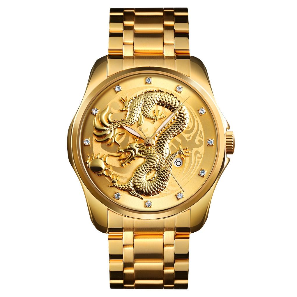 V562-C101139100ADE-202504171916-00 Men Golden Dragon Calendar Dial Quartz Watch with Luminous Hands - Gold - Image 1