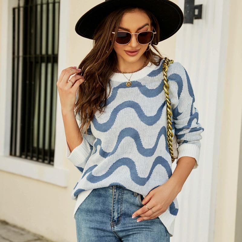 V562-C1018123060DBT-202505261926-00 Women Casual Pullover Sweater Round Neck Wave Pattern Collision Colour Knitted Sweater - Size S Black - Blue - Image 1