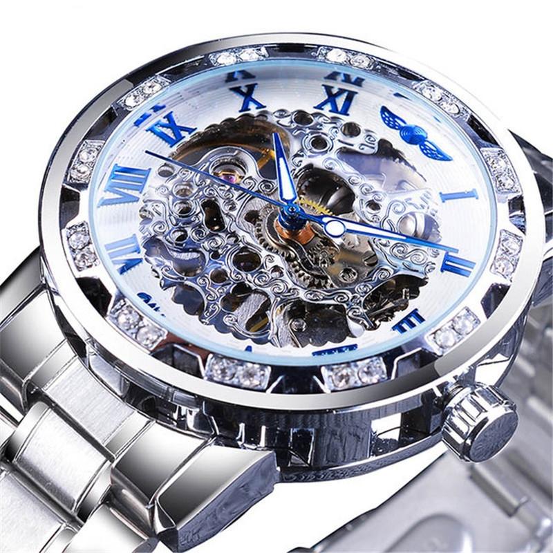 V562-C1022033060DBT-202505271230-00 Men Skeleton Diamond Mechanical Watch - Luminous Pointer - Silver Belt Silver Shell White Face - Image 1