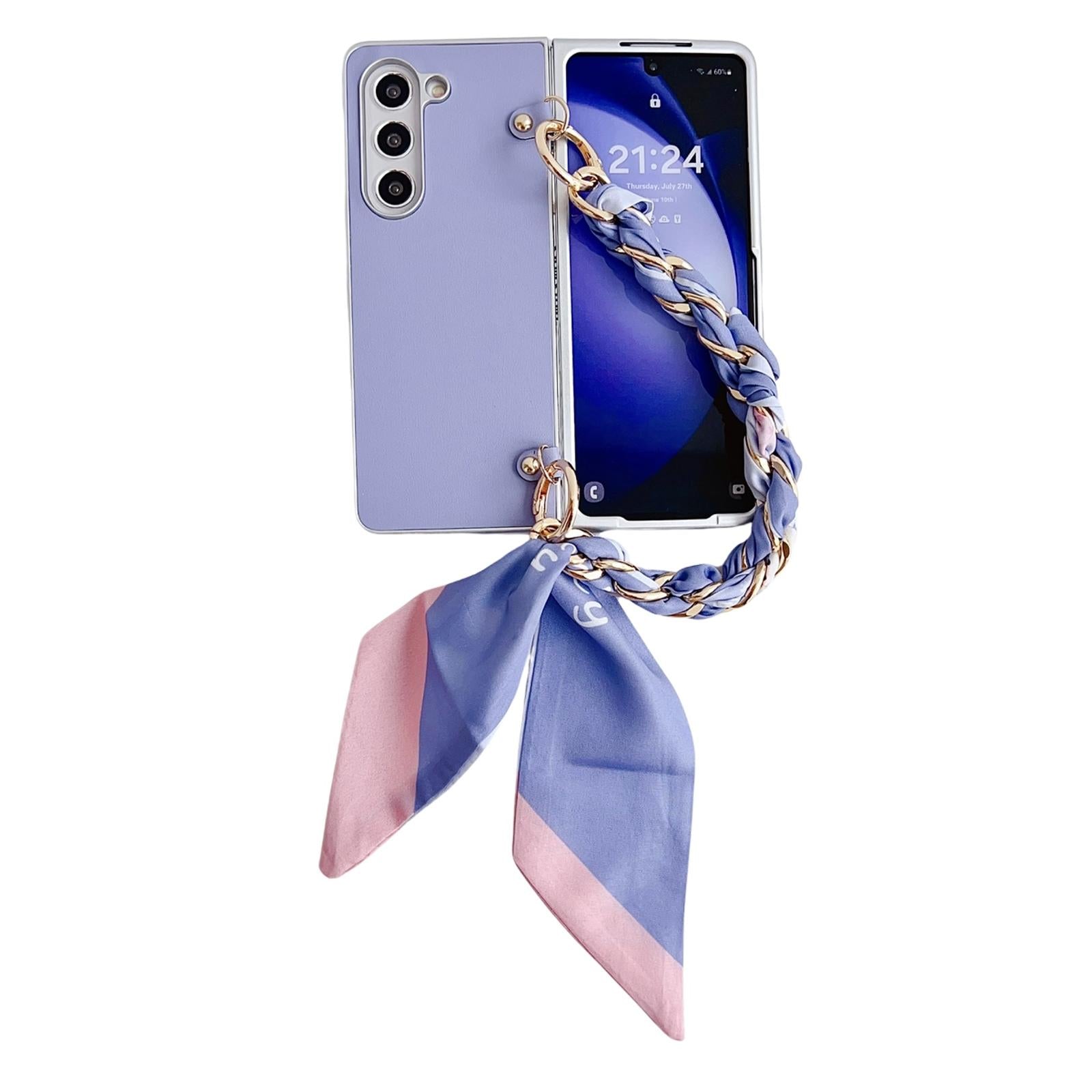 V562-C202661600ADE-202505221910-00 For Samsung Galaxy Z Fold4 5G Leather Phone Case With Metallic Paint And Scarf Bracelet - Purple - Image 1