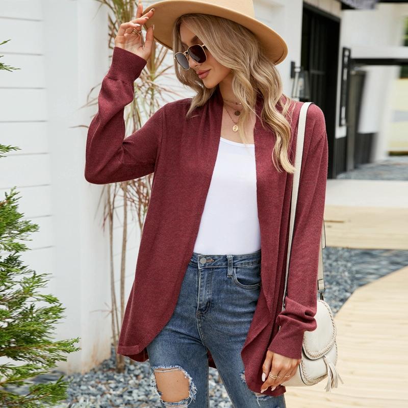 V562-C4055913060DBT-202505262017-00 Women Mid-Length Sweater Jacket Temperament Loose Knitted Cardigan - Wine Red - Xl - Image 1