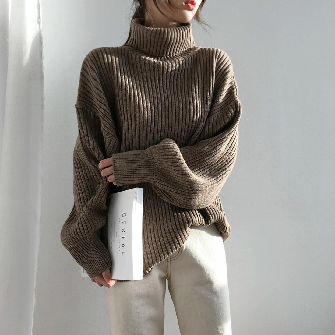 V562-CA38152475YZ-202505262011-00 Solid Colour Turtleneck Outer Wear Pullover Casual Sweater Beige - Free Size - Coffee Free Size - Image 1
