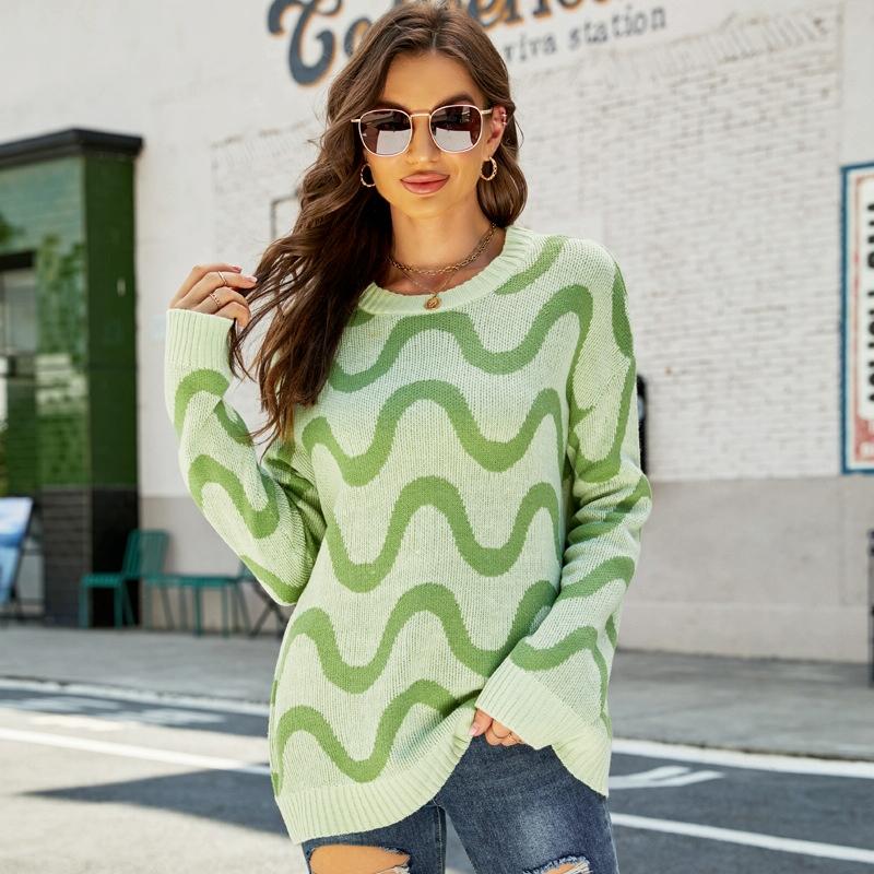 V562-D1018123060DBT-202505261926-00 Women Casual Pullover Sweater Round Neck Wave Pattern Collision Colour Knitted Sweater - Size S Black - Green - Image 1