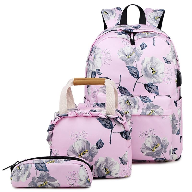V562-D1026805850DBT-202505271245-00 Small Fresh Printed Backpack Set - 3 Pieces for Students - Pink - Image 1