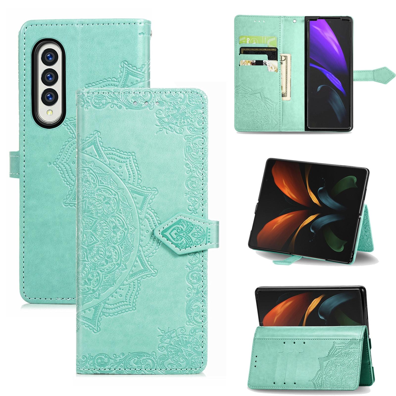 V562-D106859100AYS-202503211406-00 For Samsung Galaxy Z Fold4 5G Embossed Mandala Leather Phone Case - Green - Image 1