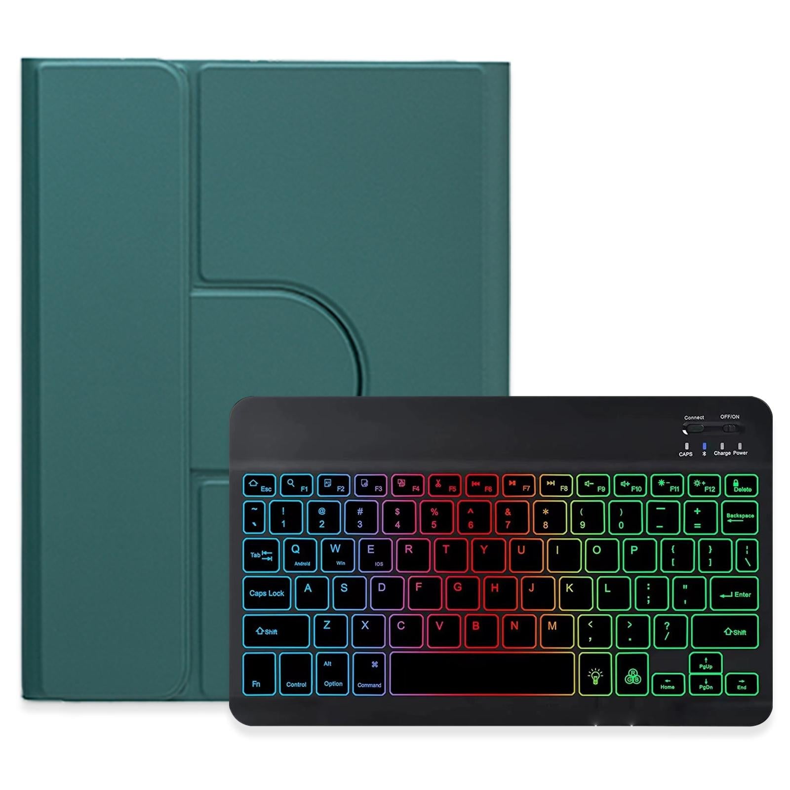 V562-D109040500ADE-202504291951-00 360 Degree Rotatable Bluetooth Keyboard Leather Case With Three-Colour Backlight - Dark Green - For Ipad 10Th Gen 10.9 2022 - Image 1
