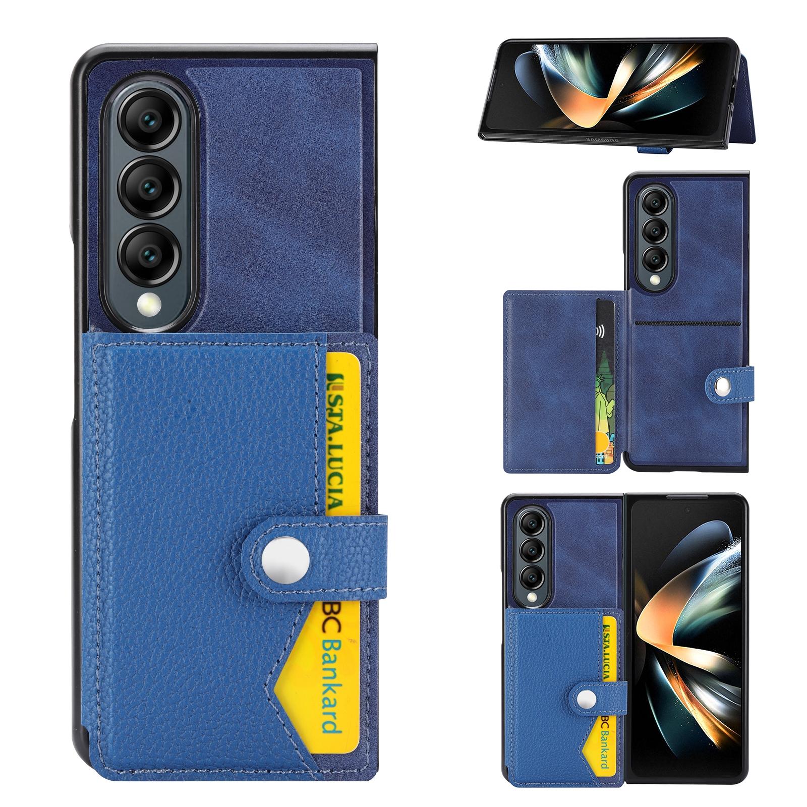 V562-D201788500ADE-202504221112-00 For Samsung Galaxy Z Fold4 5G Samsung Galaxy Z Fold4 Litchi Pattern Single Button Card Holder Phone Case - Blue - Image 1