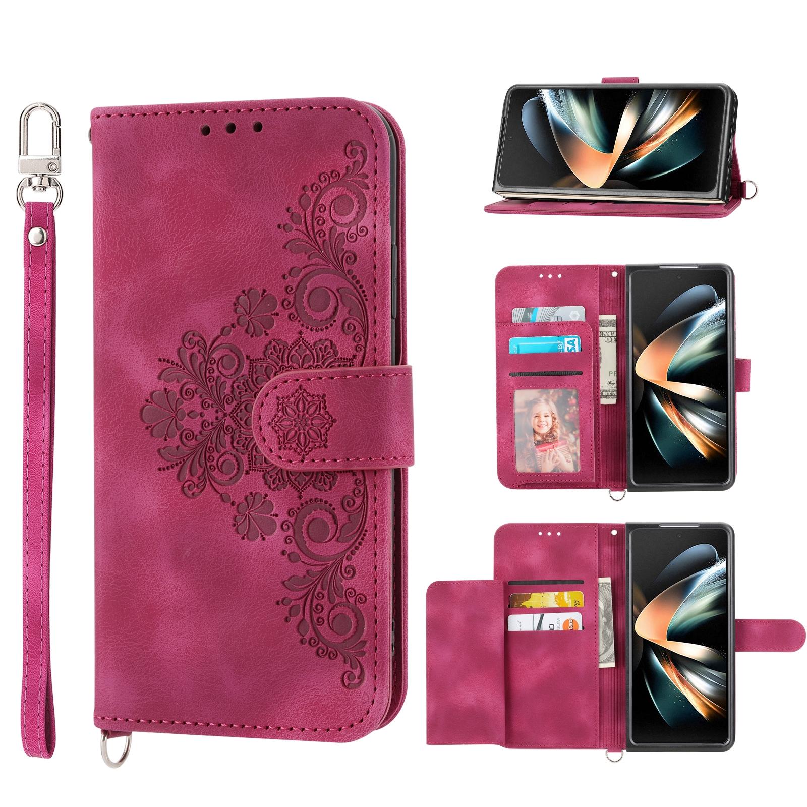 V562-D407558300ADE-202503211335-00 For Samsung Galaxy Z Fold4 5G Floral Leather Phone Wallet - Embossed - Wine Red - Image 1