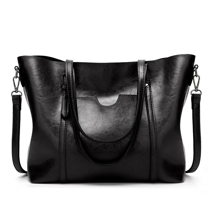 V562-E1087371060DBT-202503041341-00 Stylish All-match Leather Handbag - Wax Finish - Black - Image 1