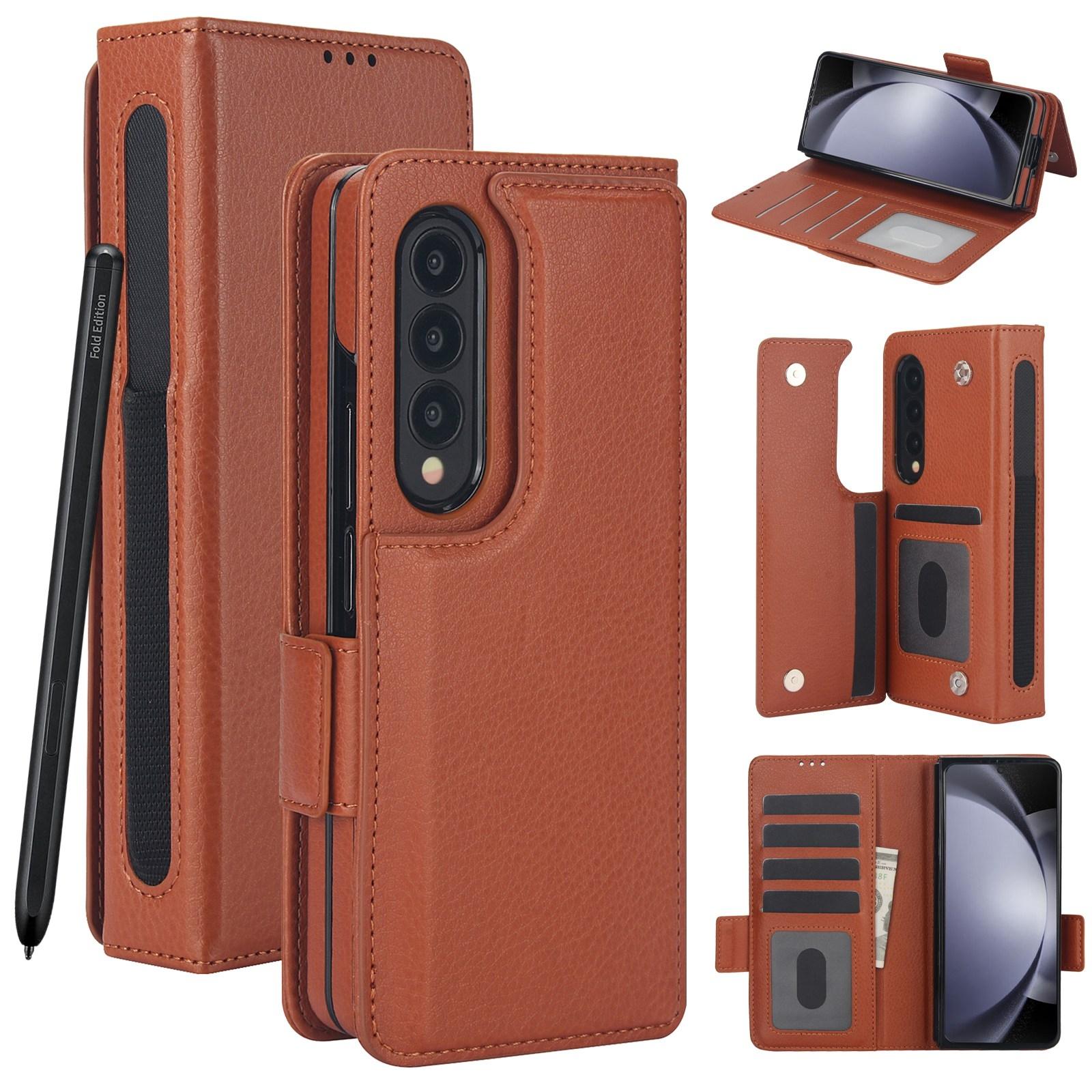 V562-E203215600ADE-202505221941-00 For Samsung Galaxy Z Fold4 5G Leather Phone Case With Pen Slot - Brown - Image 1