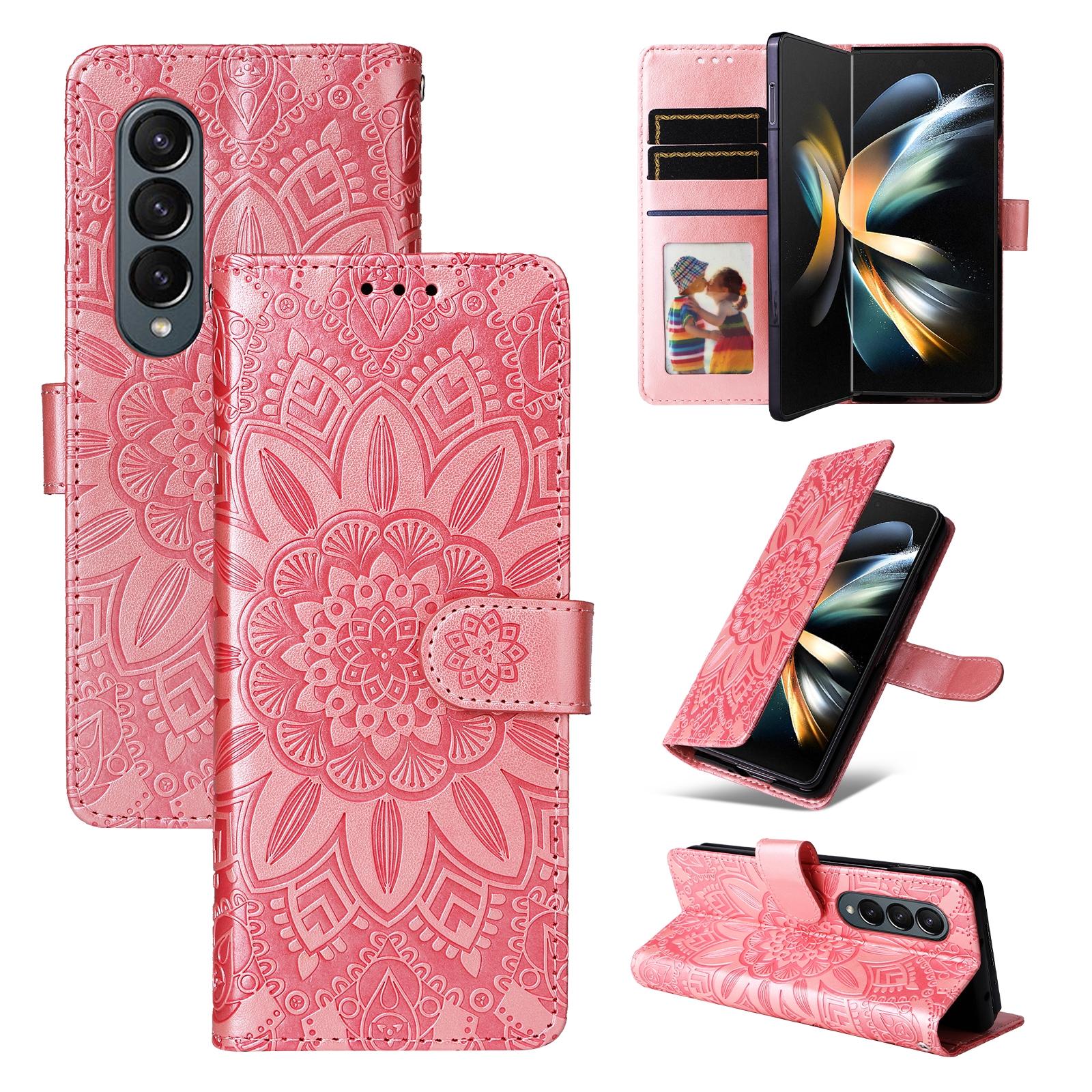 V562-E205363400ADE-202503211410-00 For Samsung Galaxy Z Fold4 5G Sunflower Embossed Leather Phone Case - Rose Gold - Image 1
