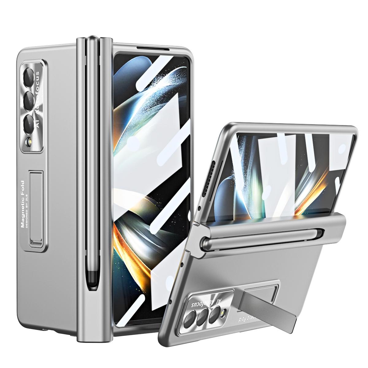 V562-E205550400ADE-202503211416-00 For Samsung Galaxy Z Fold4 5G Foldable Phone Case With Pen Slot - Electroplated - Silver - Image 1