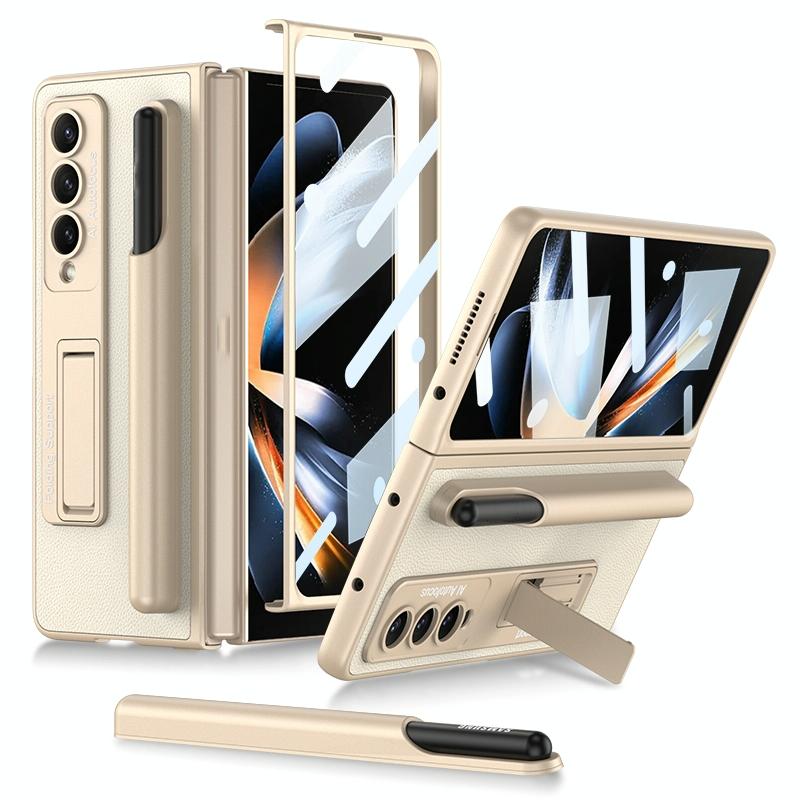 V562-F105458300ADE-202503211306-00 For Samsung Galaxy Z Fold4 5G Leather Case With Holder & Pen Slots - Thin & Shockproof - Gold - Image 1